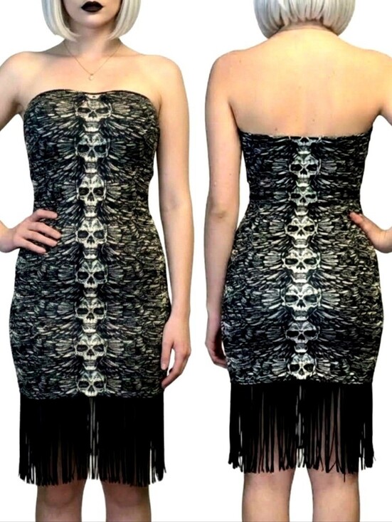 Lip Service Dresses & Skirts - Vtg Lip Service white blk graphic skull wings tube top bodycon fringe dress XL